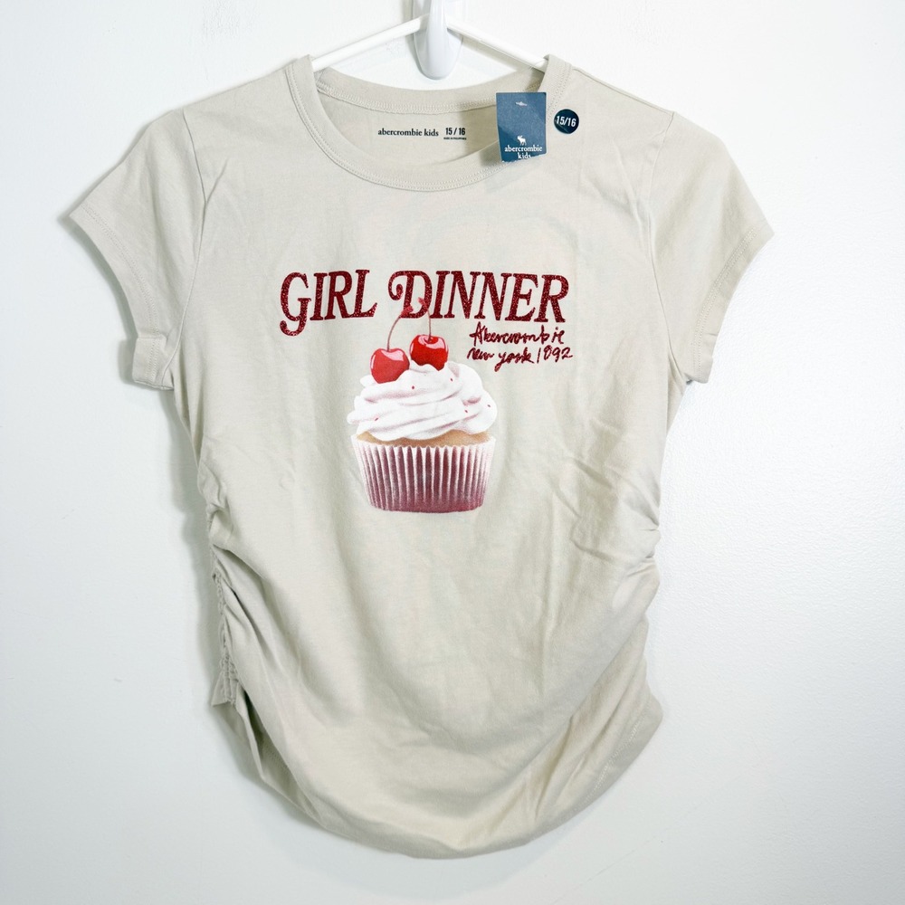 Abercrombie Kids Graphic Tee Girls 15/16 Beige Girl Dinner Cupcake Ruched Side